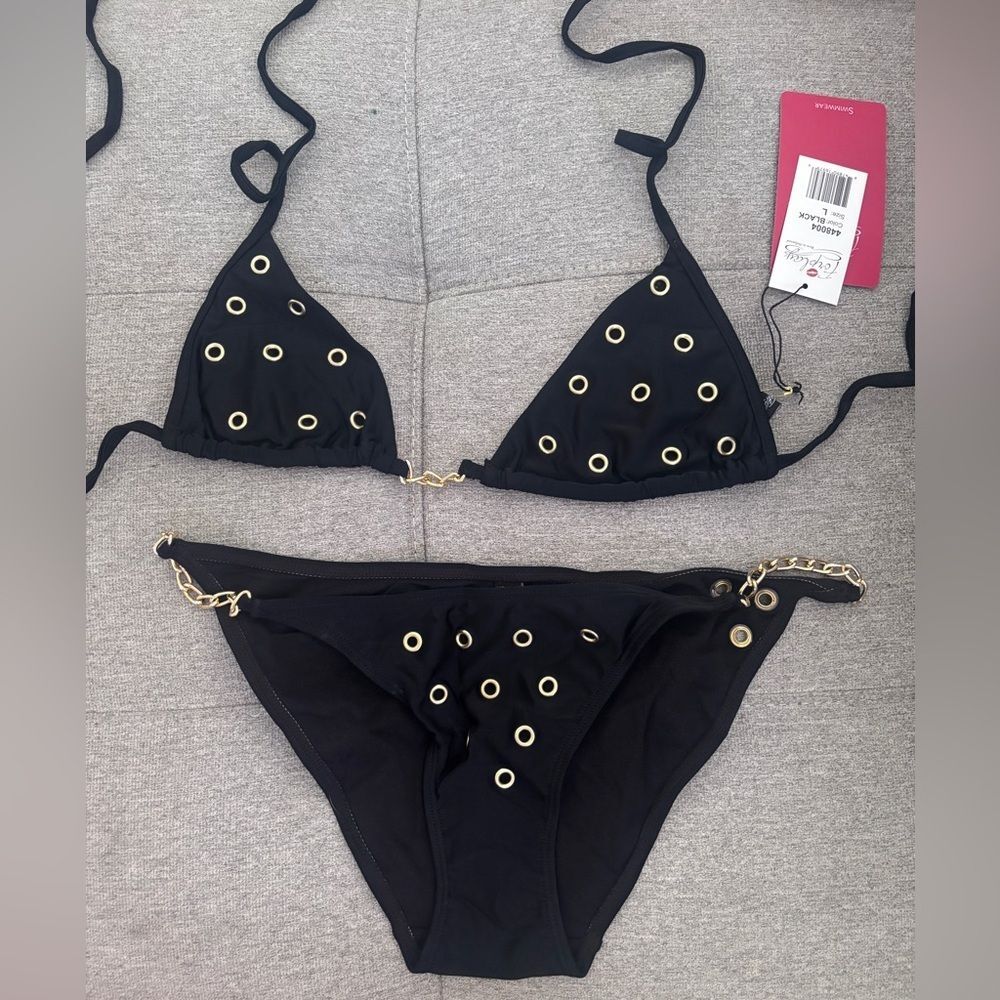 Forplay 2 Piece Black Gold Grommet and chain Bikini Set Size Large